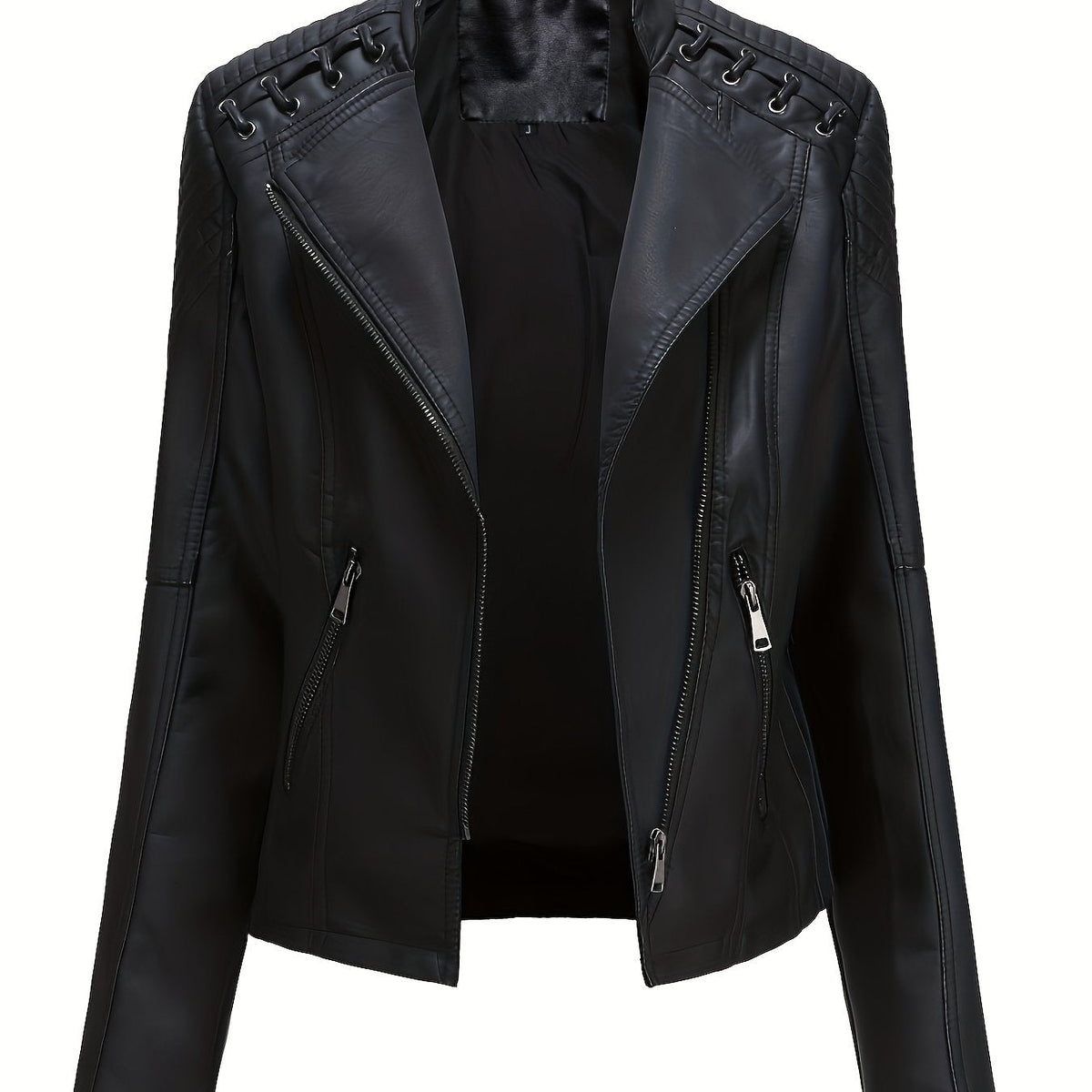 Women's biker jacket, cropped leather-look jacket with asymmetric zip, lapels and eyelet lacing on the shoulders, 4 colo