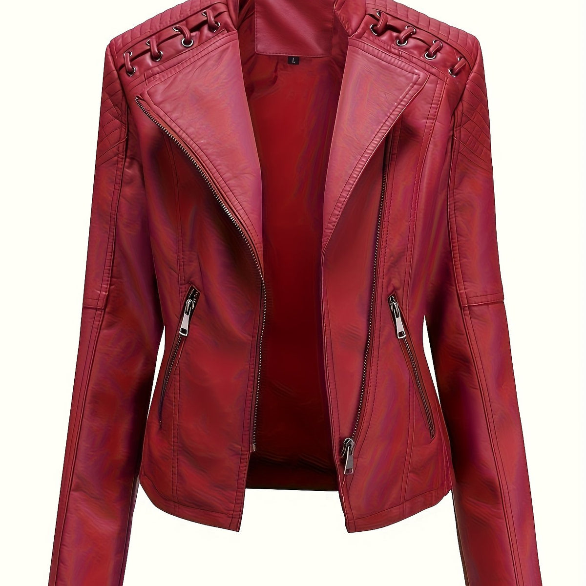 Women's biker jacket, cropped leather-look jacket with asymmetric zip, lapels and eyelet lacing on the shoulders, 4 colo