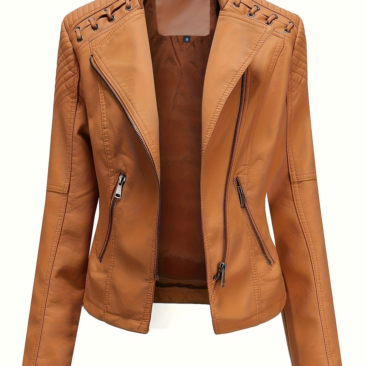 Women's biker jacket, cropped leather-look jacket with asymmetric zip, lapels and eyelet lacing on the shoulders, 4 colo
