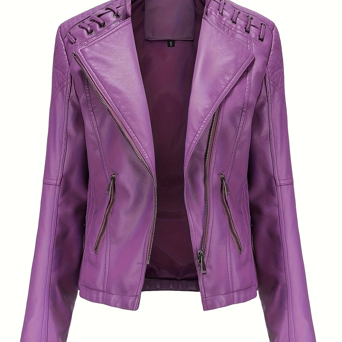 Women's biker jacket, cropped leather-look jacket with asymmetric zip, lapels and eyelet lacing on the shoulders, 4 colo