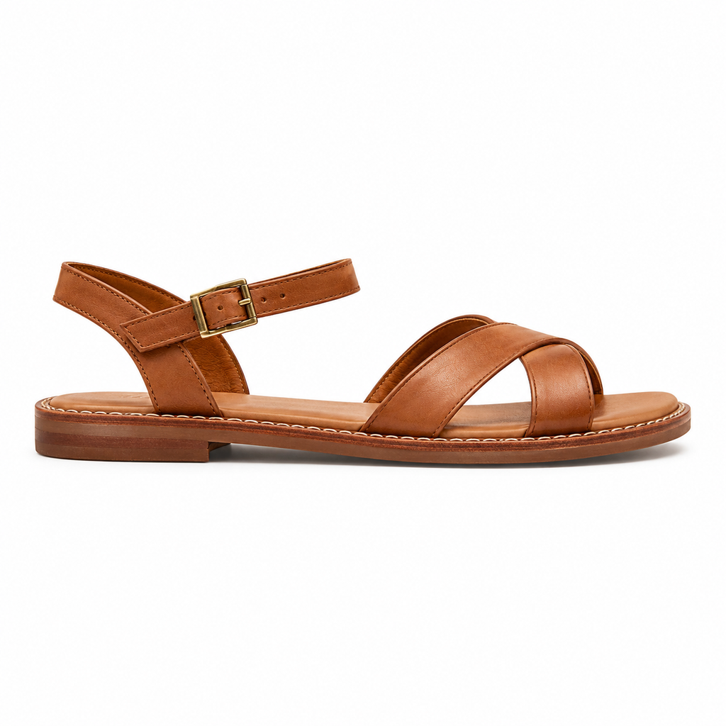 Women's Cross-Strap Vegan Leather Sandals — Caramel