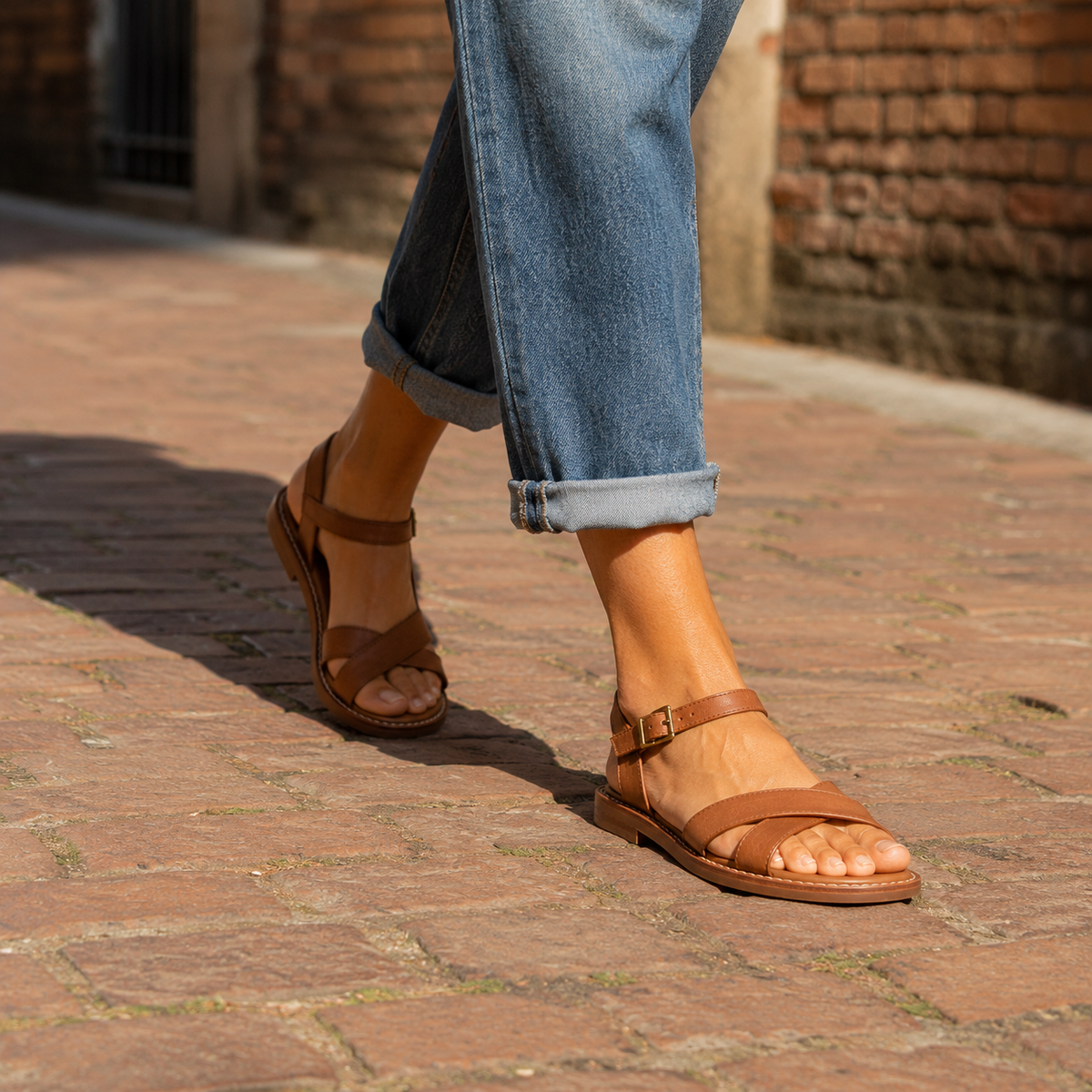 Women's Cross-Strap Vegan Leather Sandals — Caramel