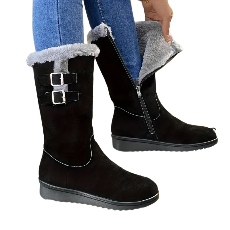 Women's fur lined boots, winter boots with side zip, double buckle and non-slip sole, 3 colors, US sizes 4.5-9.5
