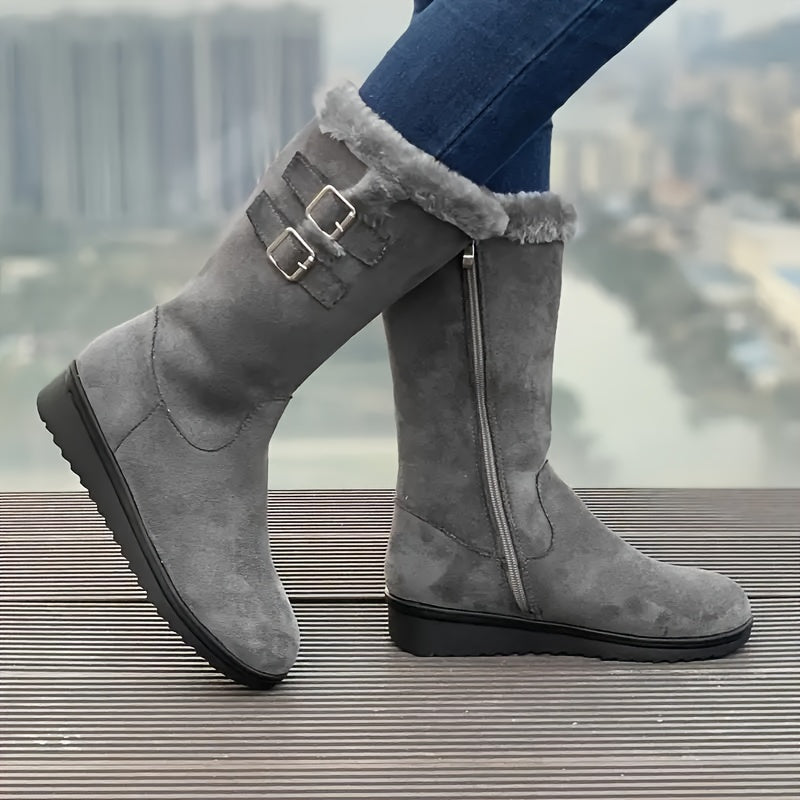 Women's fur lined boots, winter boots with side zip, double buckle and non-slip sole, 3 colors, US sizes 4.5-9.5
