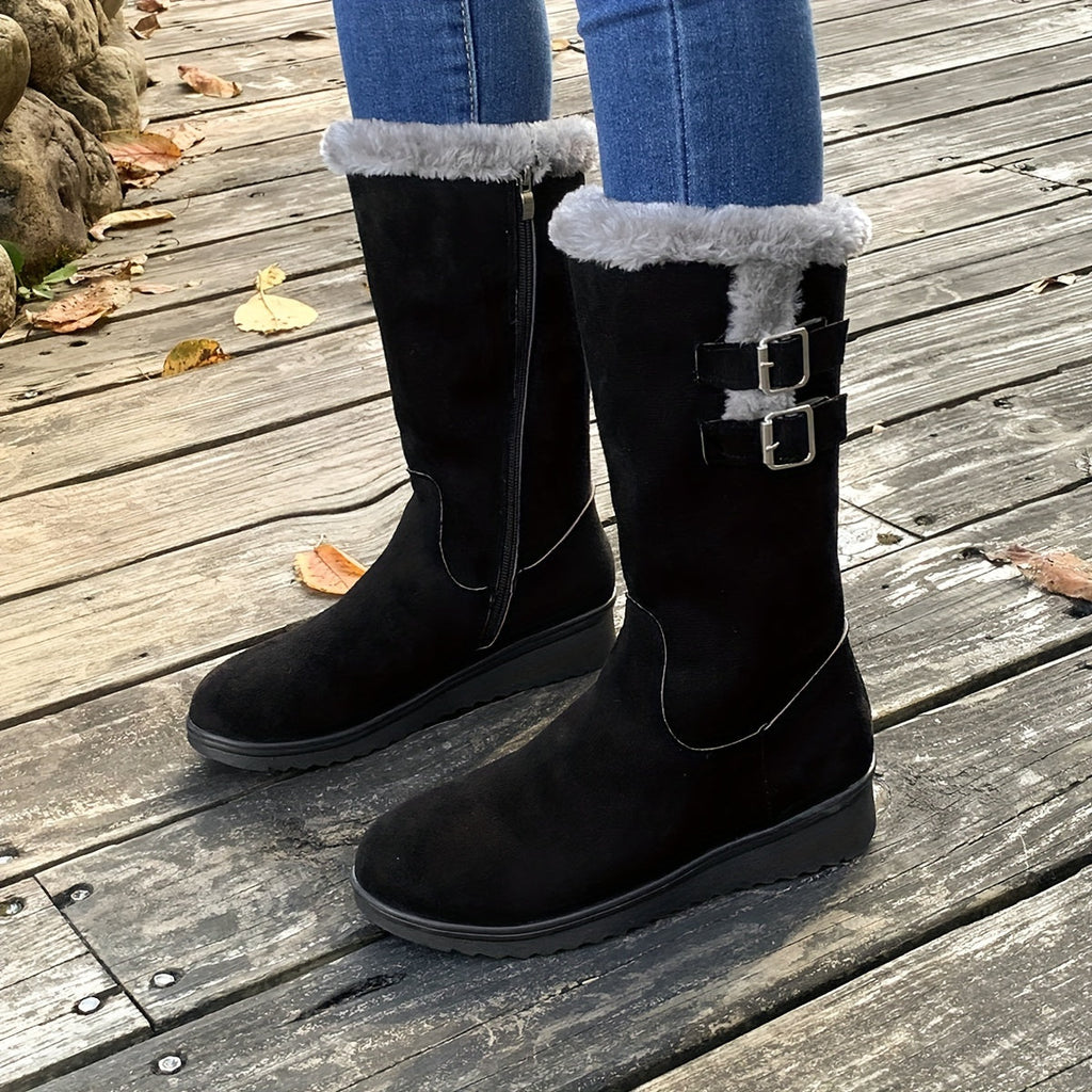 Women's fur lined boots, winter boots with side zip, double buckle and non-slip sole, 3 colors, US sizes 4.5-9.5