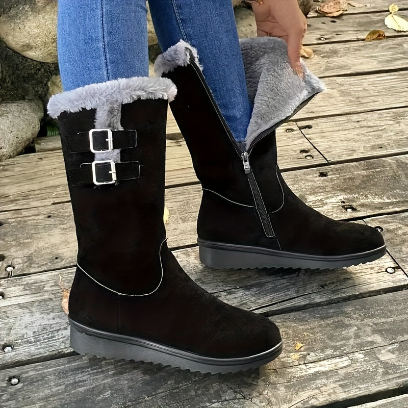 Women's fur lined boots, winter boots with side zip, double buckle and non-slip sole, 3 colors, US sizes 4.5-9.5