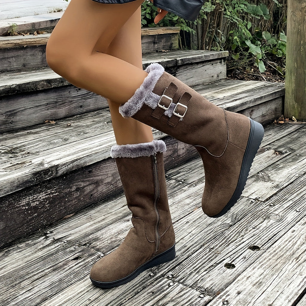 Women's fur lined boots, winter boots with side zip, double buckle and non-slip sole, 3 colors, US sizes 4.5-9.5