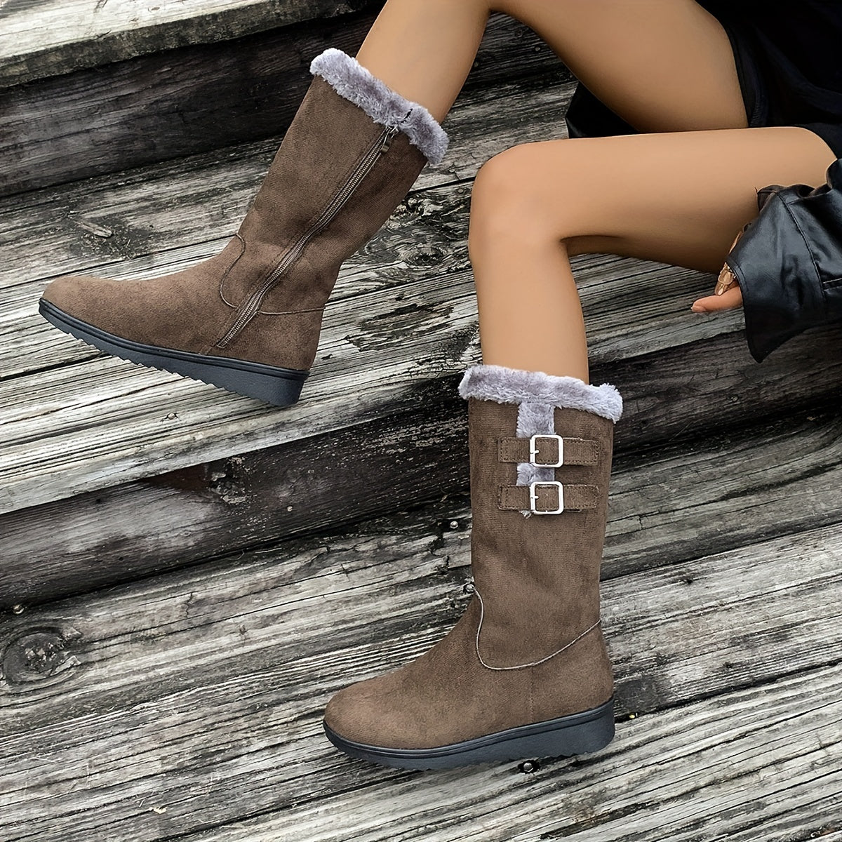Women's fur lined boots, winter boots with side zip, double buckle and non-slip sole, 3 colors, US sizes 4.5-9.5