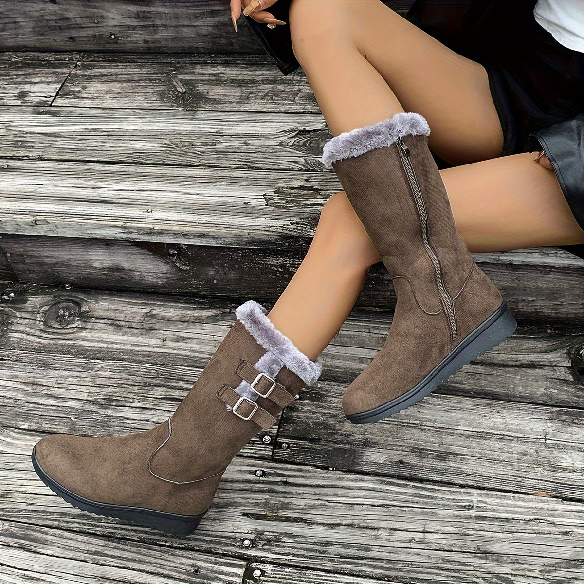 Women's fur lined boots, winter boots with side zip, double buckle and non-slip sole, 3 colors, US sizes 4.5-9.5
