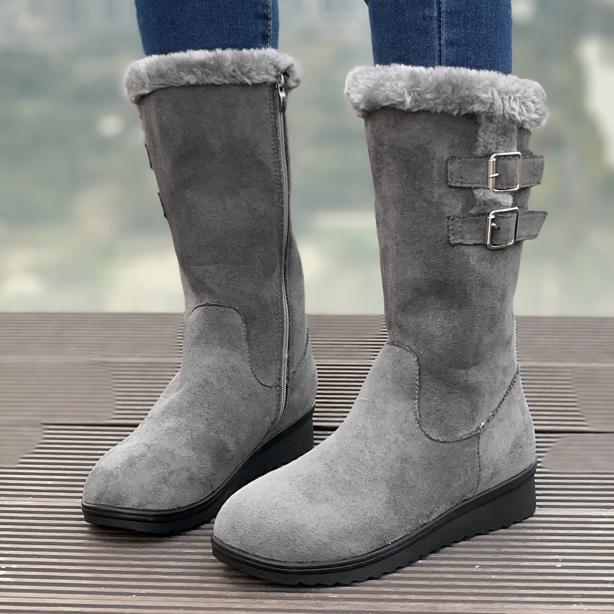 Women's fur lined boots, winter boots with side zip, double buckle and non-slip sole, 3 colors, US sizes 4.5-9.5