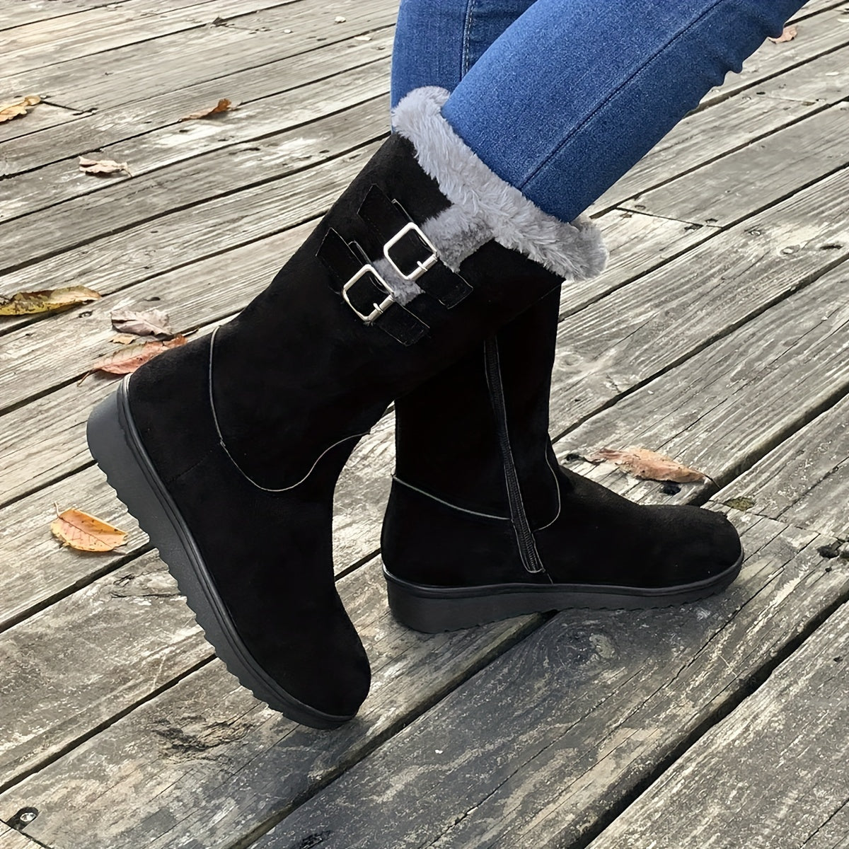 Women's fur lined boots, winter boots with side zip, double buckle and non-slip sole, 3 colors, US sizes 4.5-9.5