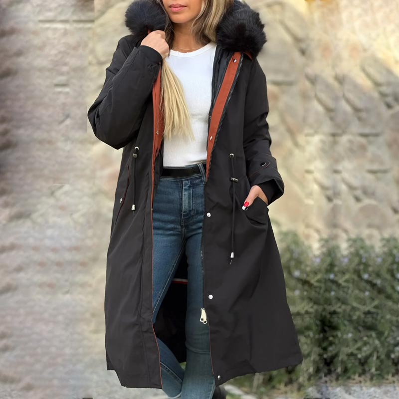 Women's hooded winter parka with faux fur collar