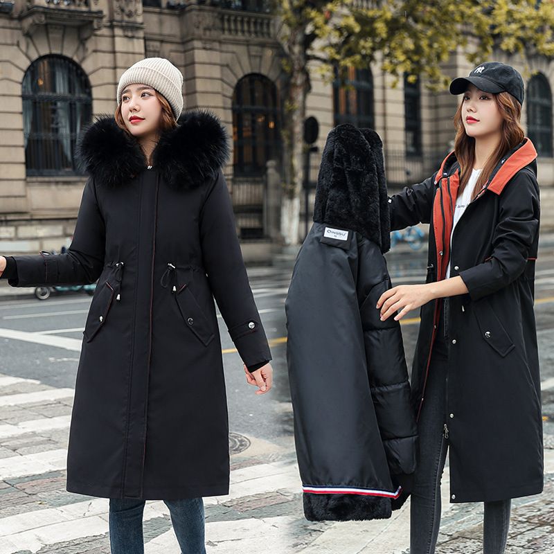 Women's hooded winter parka with faux fur collar