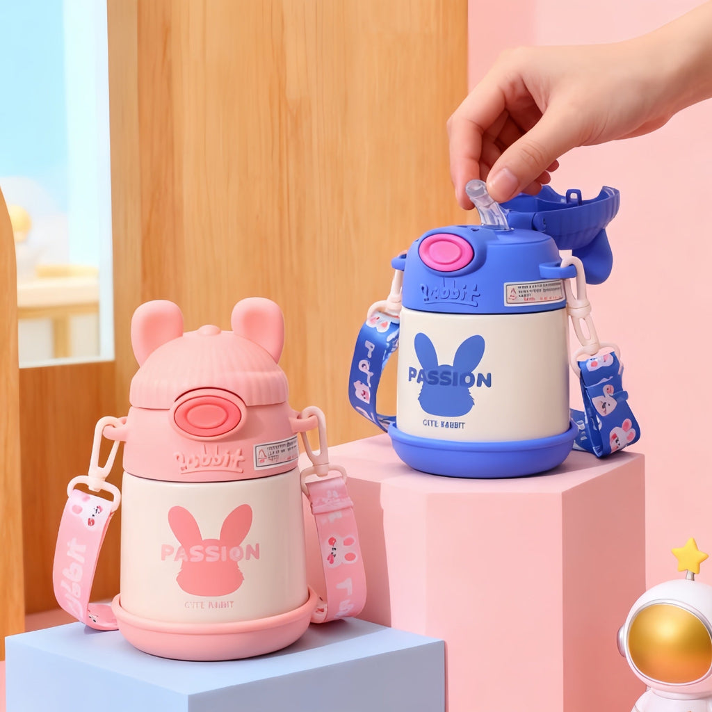 Women's Insulated Water Bottle with Ergonomic Handle and Playful Bunny Design