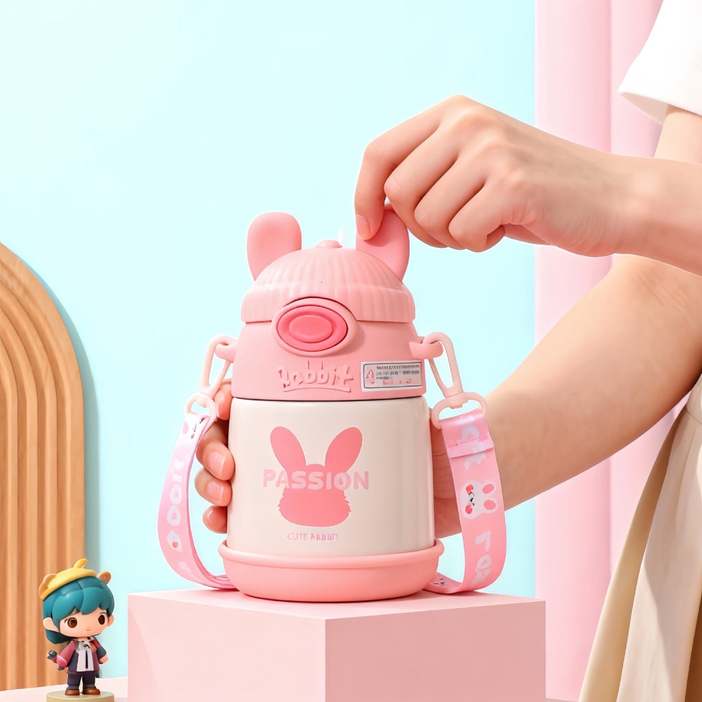 Women's Insulated Water Bottle with Ergonomic Handle and Playful Bunny Design