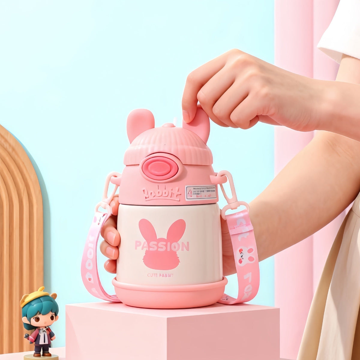 Women's Insulated Water Bottle with Ergonomic Handle and Playful Bunny Design