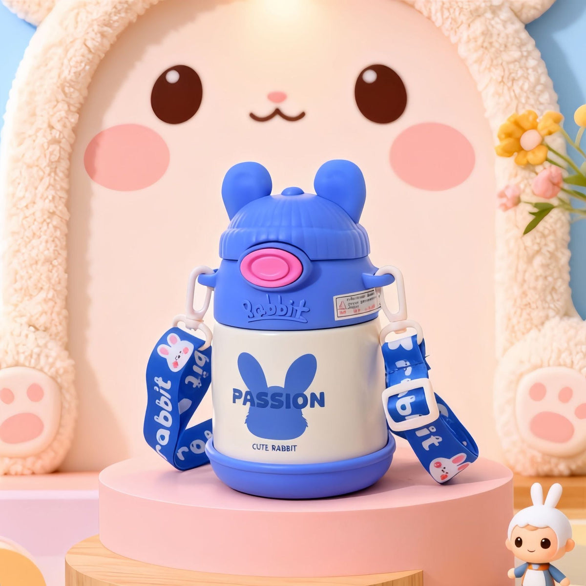 Women's Insulated Water Bottle with Ergonomic Handle and Playful Bunny Design