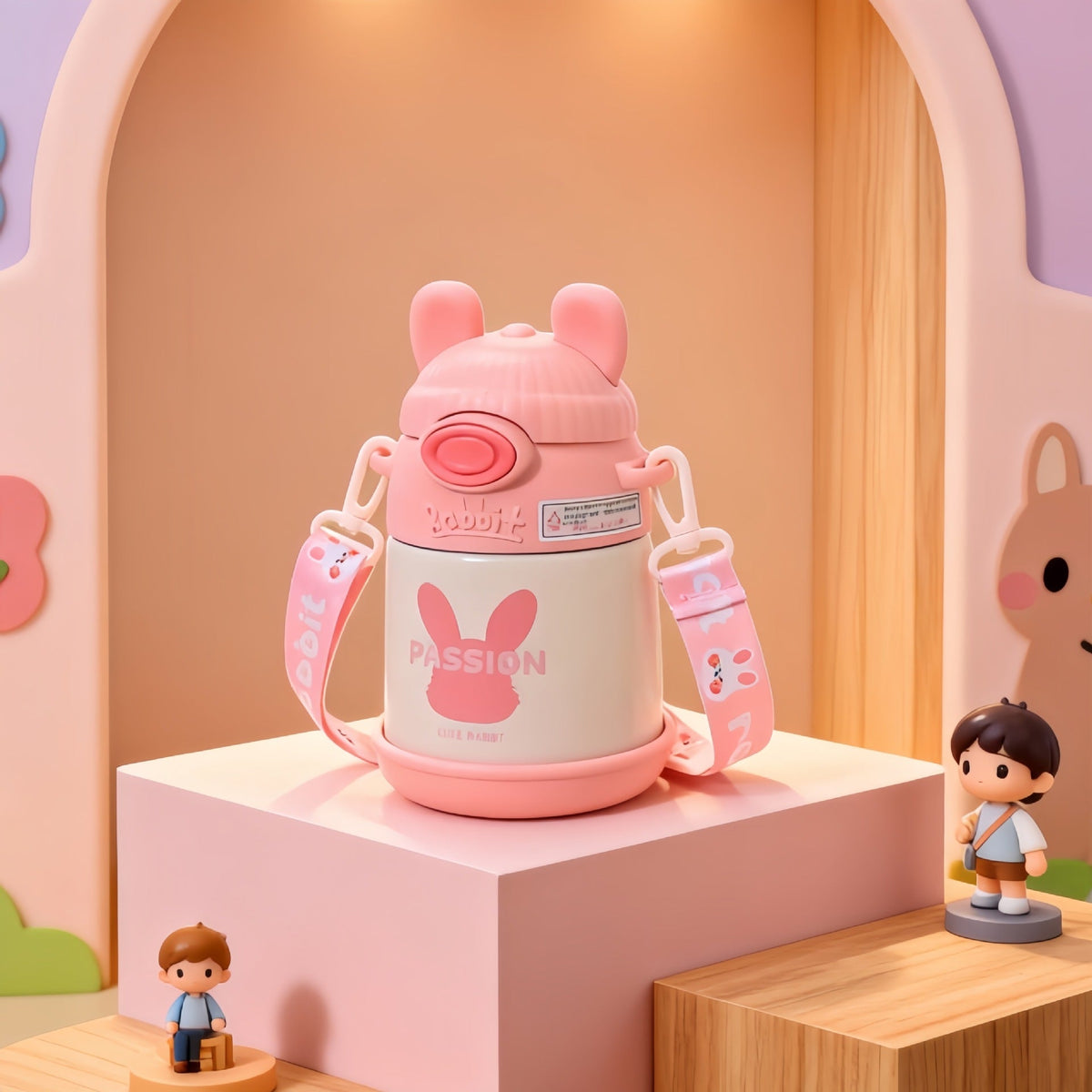 Women's Insulated Water Bottle with Ergonomic Handle and Playful Bunny Design