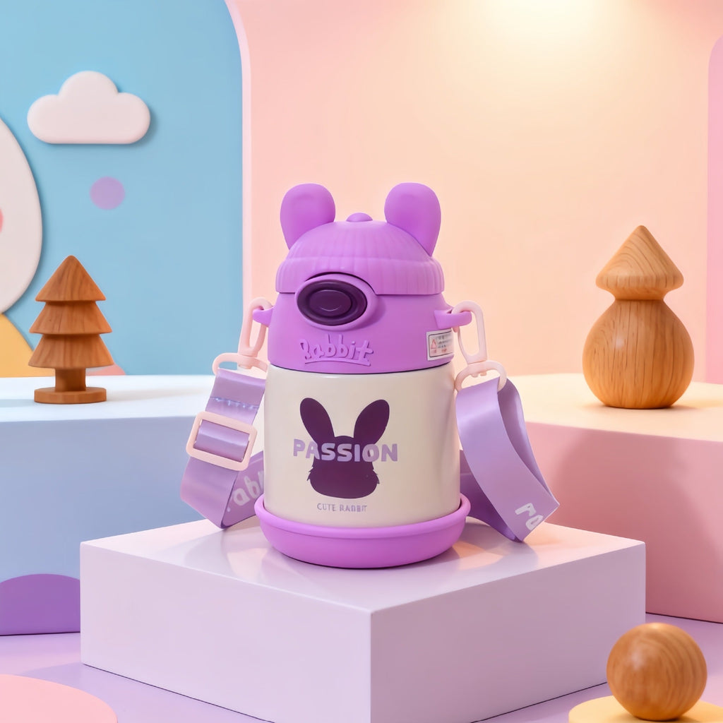 Women's Insulated Water Bottle with Ergonomic Handle and Playful Bunny Design
