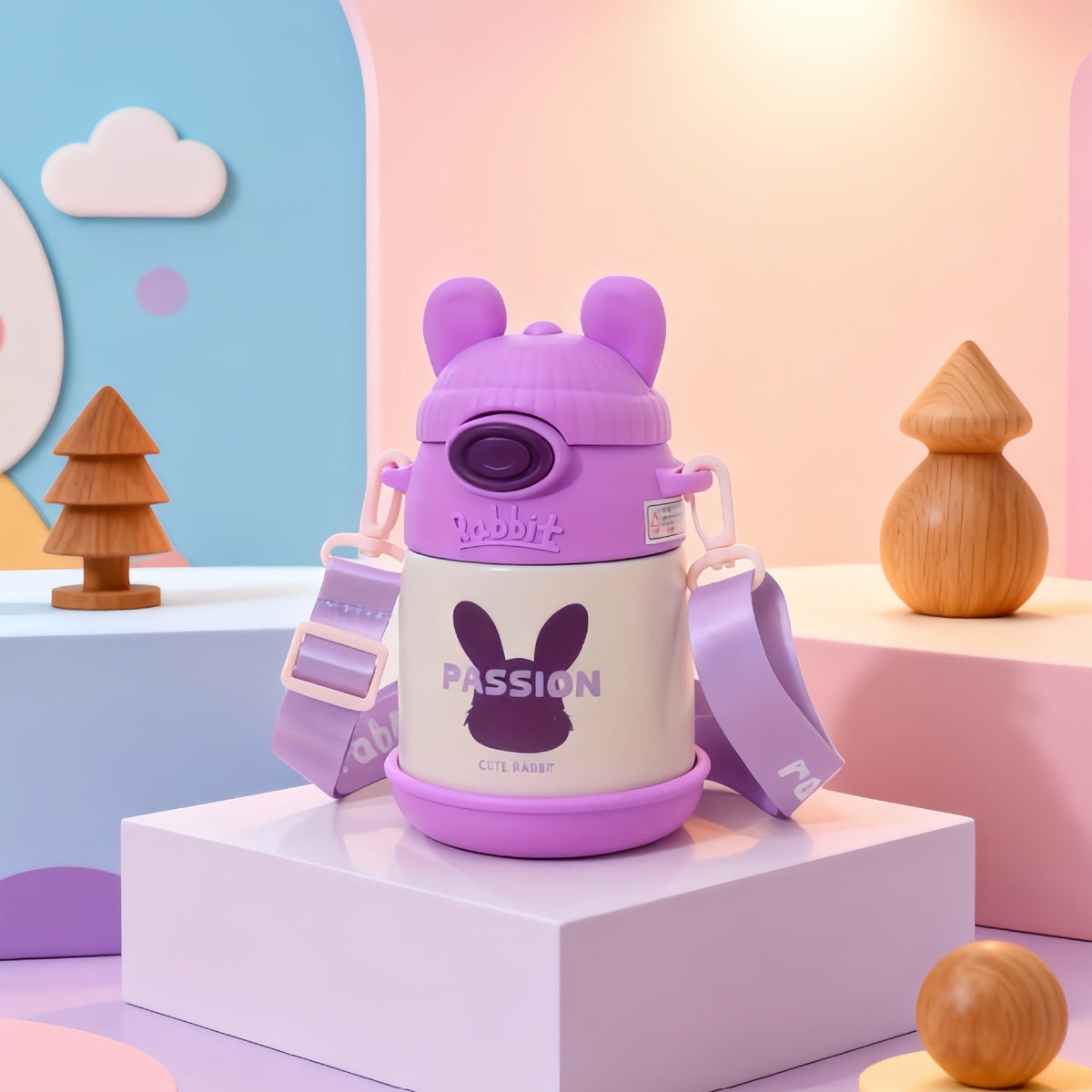 Women's Insulated Water Bottle with Ergonomic Handle and Playful Bunny Design