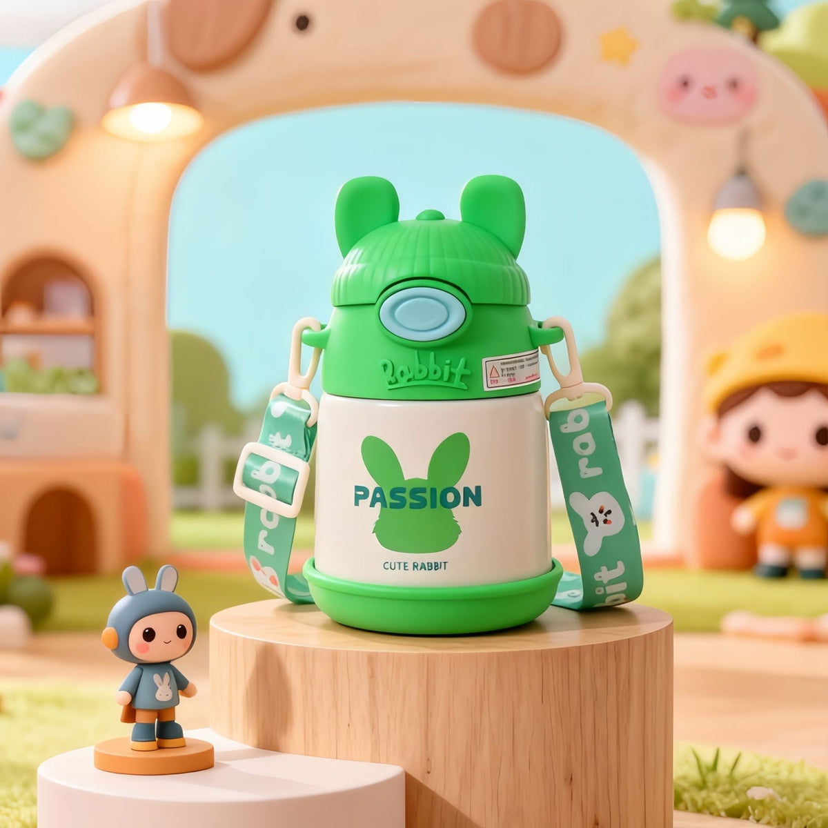 Women's Insulated Water Bottle with Ergonomic Handle and Playful Bunny Design