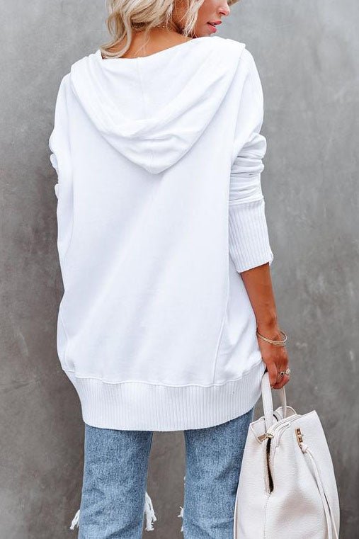 Women's longline hoodie, oversized tunic with snap V-neck and kangaroo pocket, 8 colors, sizes S to 3XL