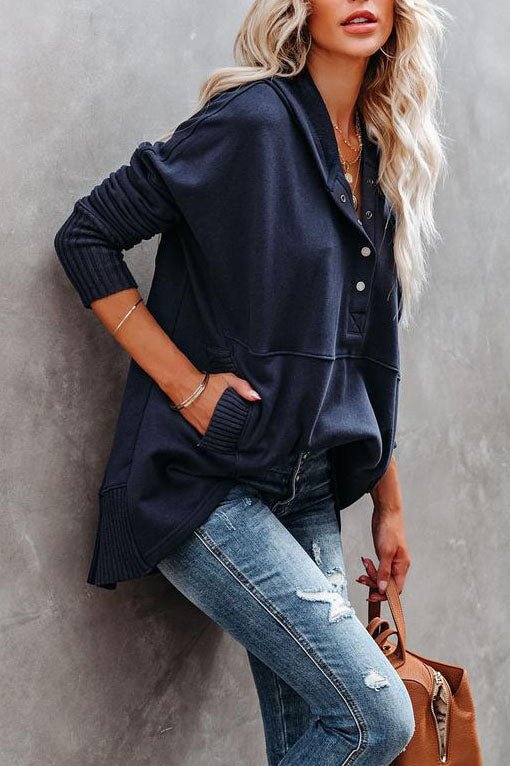Women's longline hoodie, oversized tunic with snap V-neck and kangaroo pocket, 8 colors, sizes S to 3XL