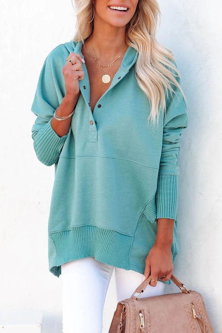 Women's longline hoodie, oversized tunic with snap V-neck and kangaroo pocket, 8 colors, sizes S to 3XL