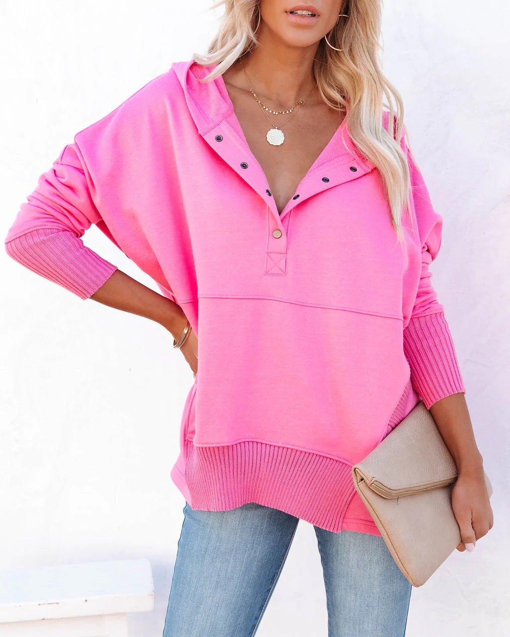 Women's longline hoodie, oversized tunic with snap V-neck and kangaroo pocket, 8 colors, sizes S to 3XL