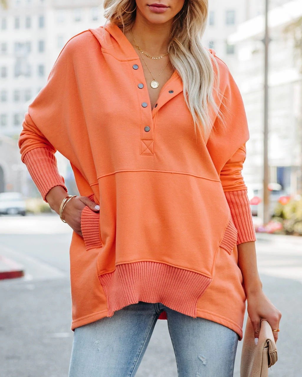 Women's longline hoodie, oversized tunic with snap V-neck and kangaroo pocket, 8 colors, sizes S to 3XL