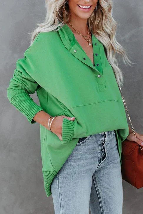 Women's longline hoodie, oversized tunic with snap V-neck and kangaroo pocket, 8 colors, sizes S to 3XL