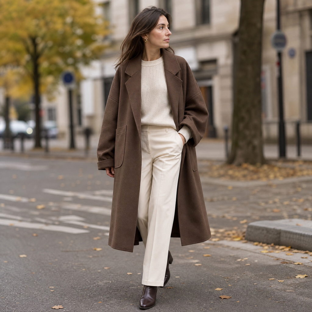 Women's Oversized Coat with Lapels and Patch Pockets, Turn-Up Cuffs and Dropped Shoulders, Coffee or Black, Sizes S to 4