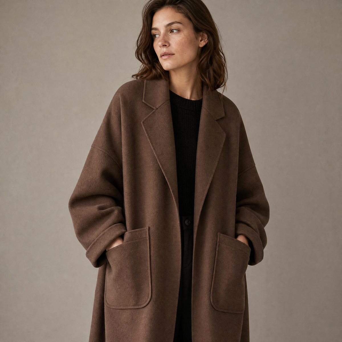 Women's Oversized Coat with Lapels and Patch Pockets, Turn-Up Cuffs and Dropped Shoulders, Coffee or Black, Sizes S to 4