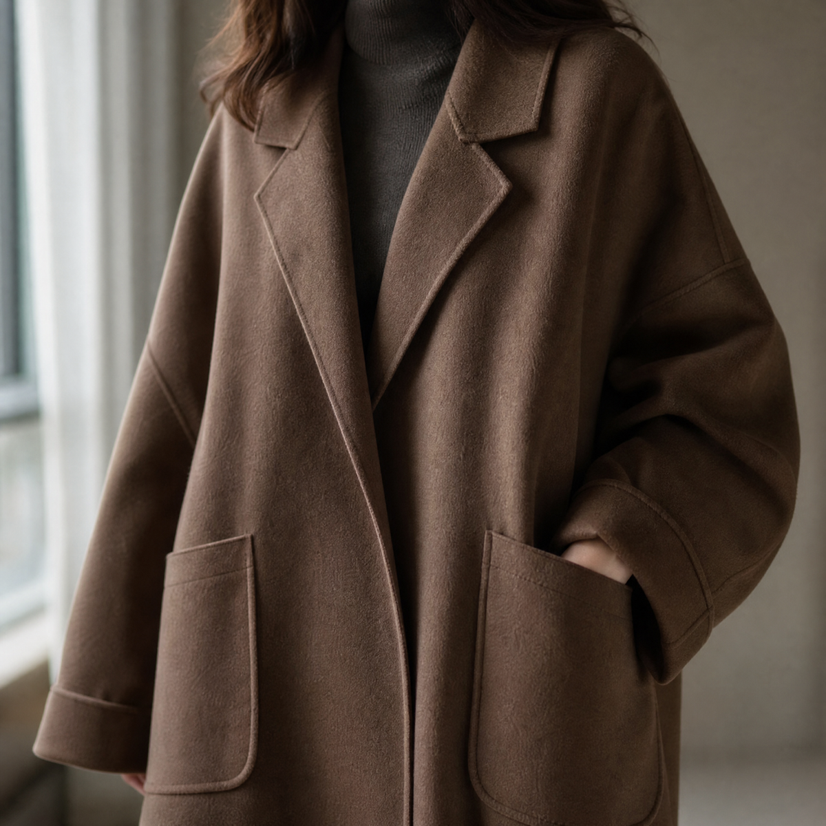 Women's Oversized Coat with Lapels and Patch Pockets, Turn-Up Cuffs and Dropped Shoulders, Coffee or Black, Sizes S to 4
