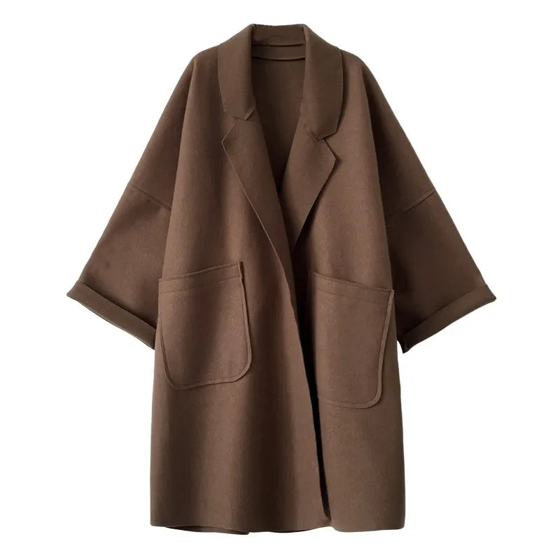 Women's Oversized Coat with Lapels and Patch Pockets, Turn-Up Cuffs and Dropped Shoulders, Coffee or Black, Sizes S to 4