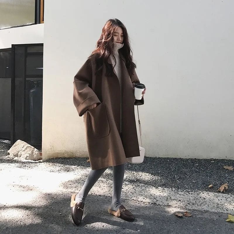 Women's Oversized Coat with Lapels and Patch Pockets, Turn-Up Cuffs and Dropped Shoulders, Coffee or Black, Sizes S to 4