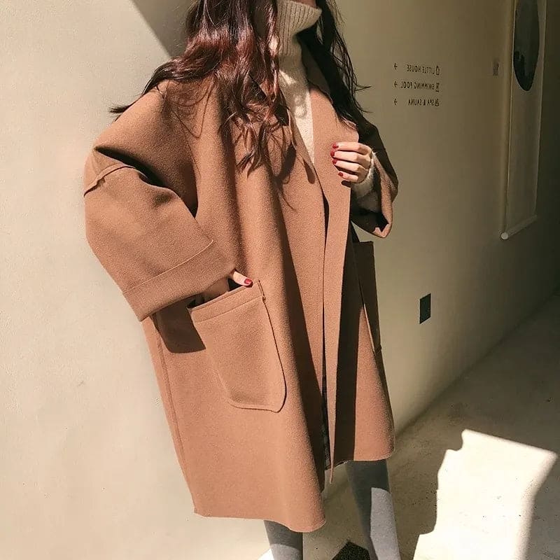 Women's Oversized Coat with Lapels and Patch Pockets, Turn-Up Cuffs and Dropped Shoulders, Coffee or Black, Sizes S to 4