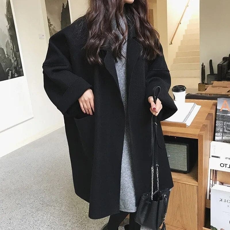 Women's Oversized Coat with Lapels and Patch Pockets, Turn-Up Cuffs and Dropped Shoulders, Coffee or Black, Sizes S to 4