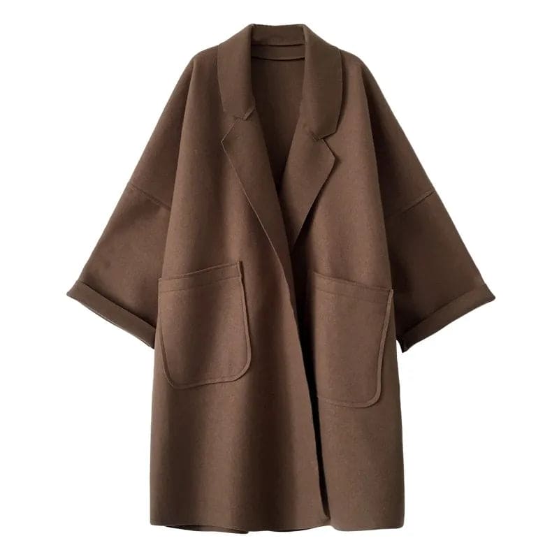 Women's Oversized Coat with Lapels and Patch Pockets, Turn-Up Cuffs and Dropped Shoulders, Coffee or Black, Sizes S to 4