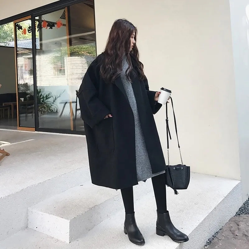 Women's Oversized Coat with Lapels and Patch Pockets, Turn-Up Cuffs and Dropped Shoulders, Coffee or Black, Sizes S to 4