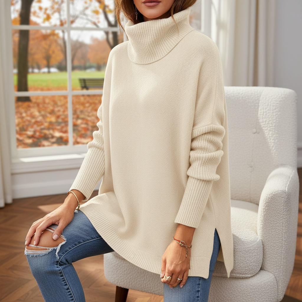 Women's roll neck sweater, oversized knit with ribbed sleeves and side splits, 9 colors, sizes S to 2XL