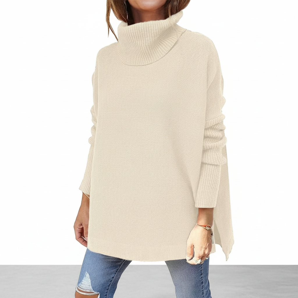 Women's roll neck sweater, oversized knit with ribbed sleeves and side splits, 9 colors, sizes S to 2XL