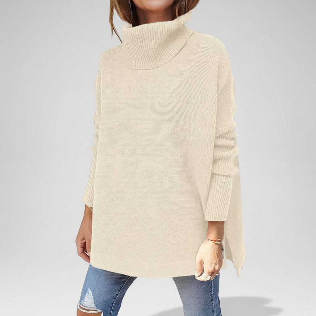 Women's roll neck sweater, oversized knit with ribbed sleeves and side splits, 9 colors, sizes S to 2XL