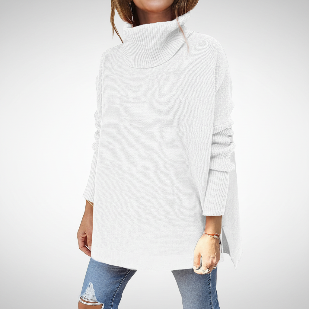 Women's roll neck sweater, oversized knit with ribbed sleeves and side splits, 9 colors, sizes S to 2XL
