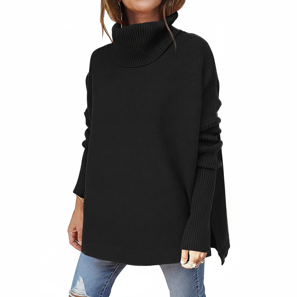 Women's roll neck sweater, oversized knit with ribbed sleeves and side splits, 9 colors, sizes S to 2XL
