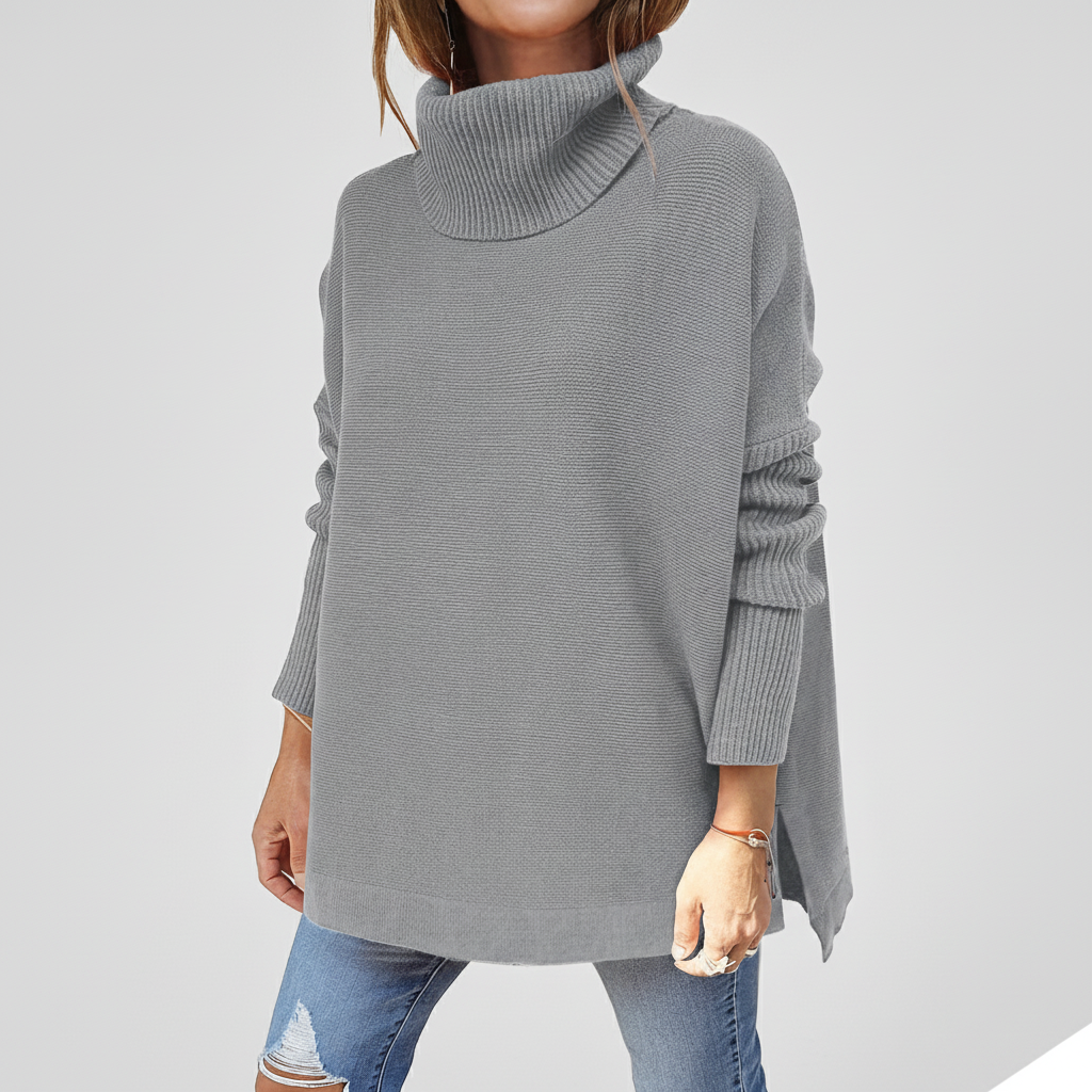 Women's roll neck sweater, oversized knit with ribbed sleeves and side splits, 9 colors, sizes S to 2XL