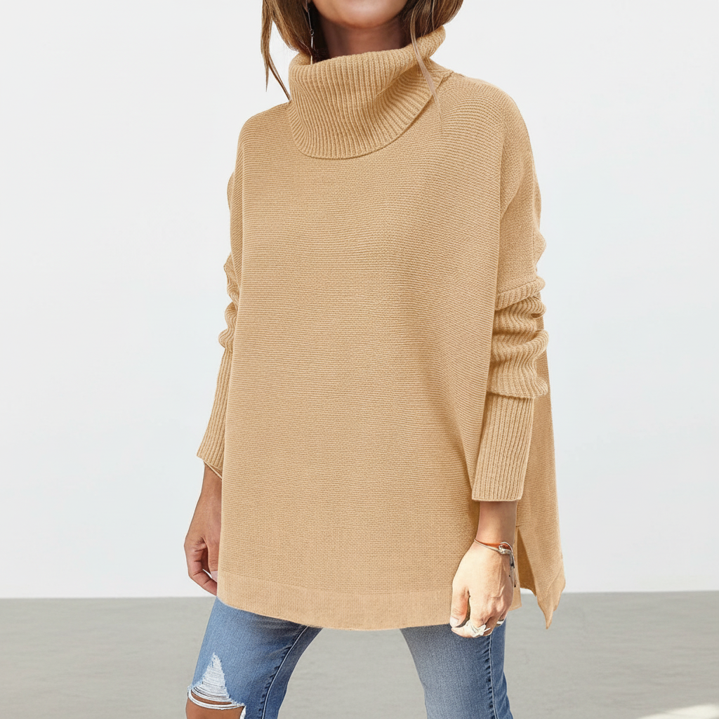 Women's roll neck sweater, oversized knit with ribbed sleeves and side splits, 9 colors, sizes S to 2XL