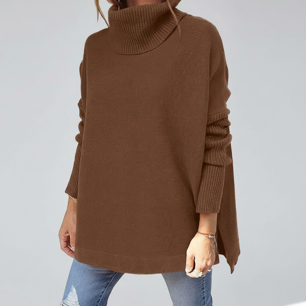 Women's roll neck sweater, oversized knit with ribbed sleeves and side splits, 9 colors, sizes S to 2XL