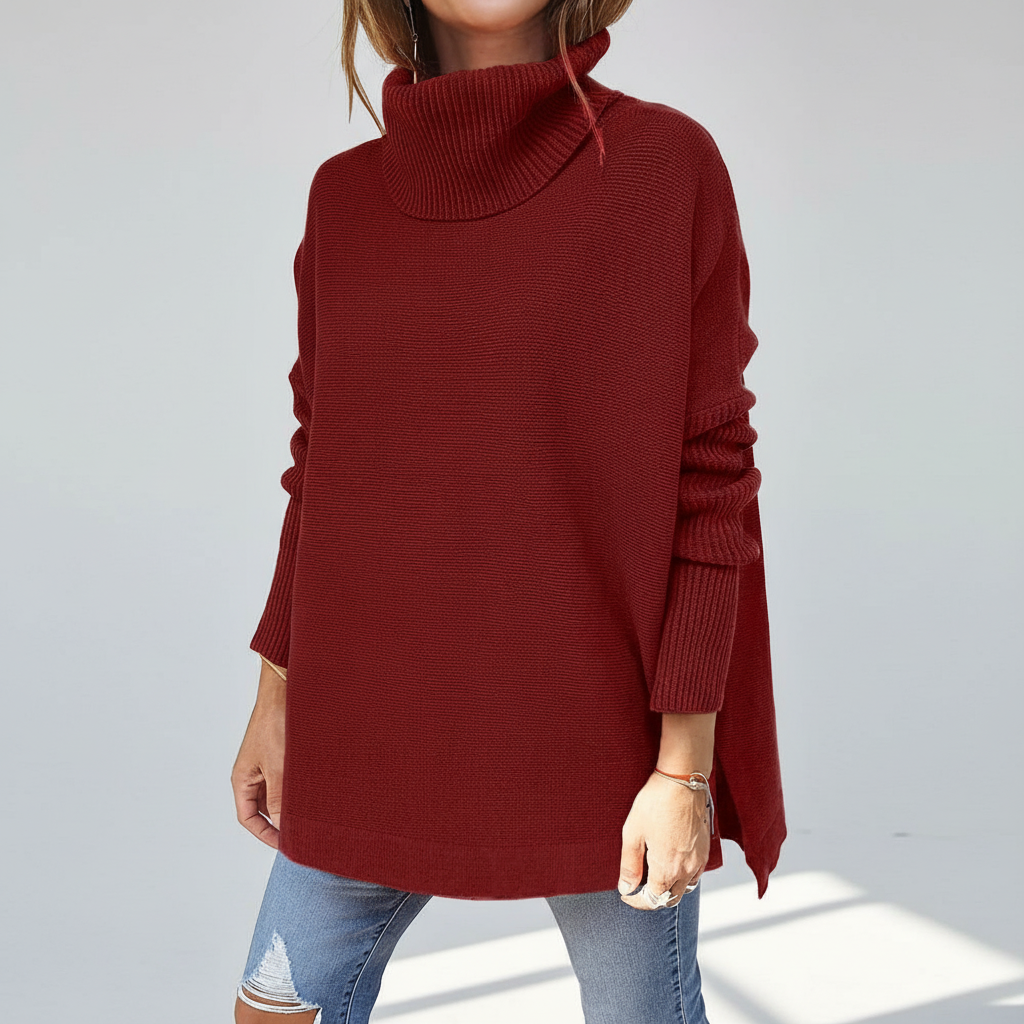 Women's roll neck sweater, oversized knit with ribbed sleeves and side splits, 9 colors, sizes S to 2XL