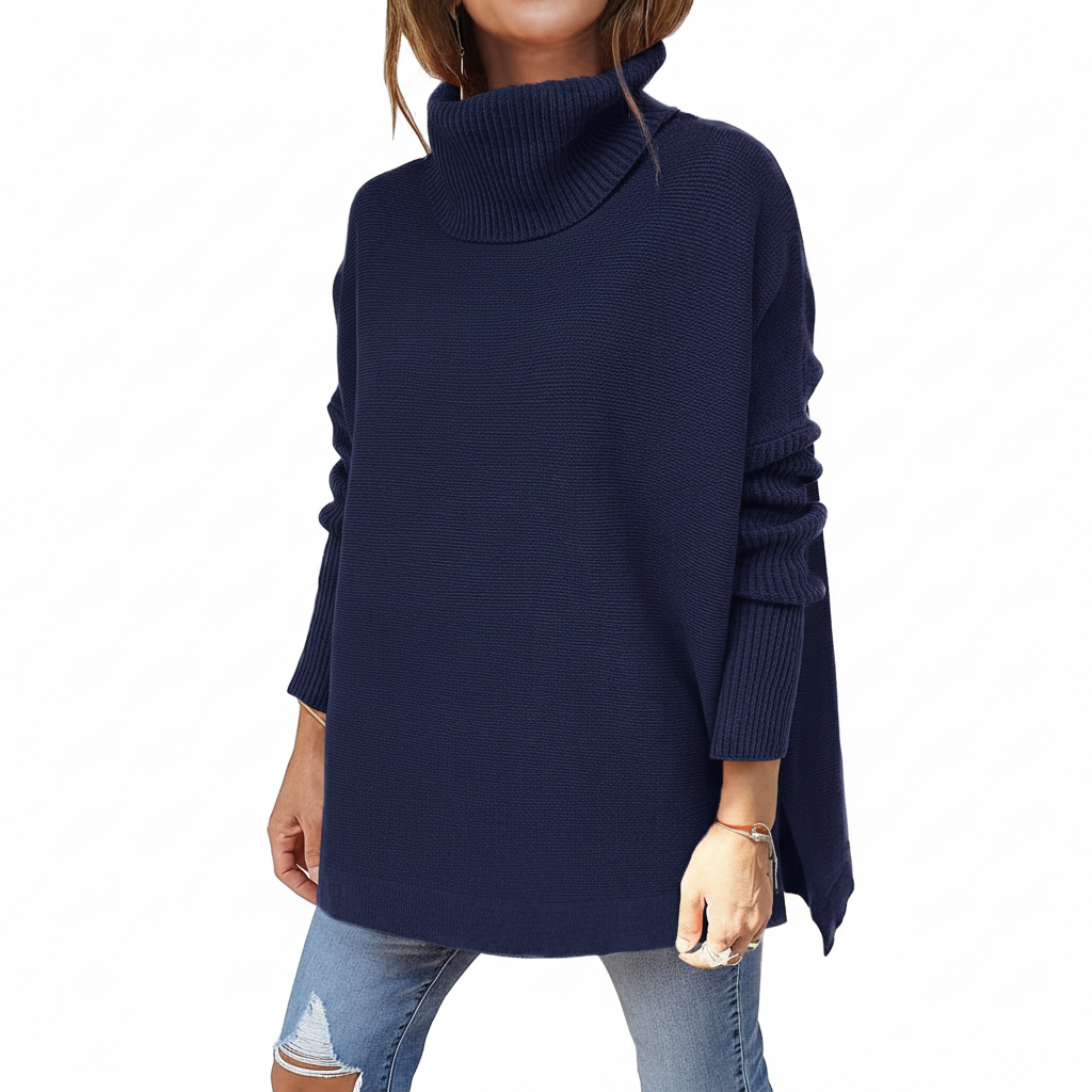 Women's roll neck sweater, oversized knit with ribbed sleeves and side splits, 9 colors, sizes S to 2XL